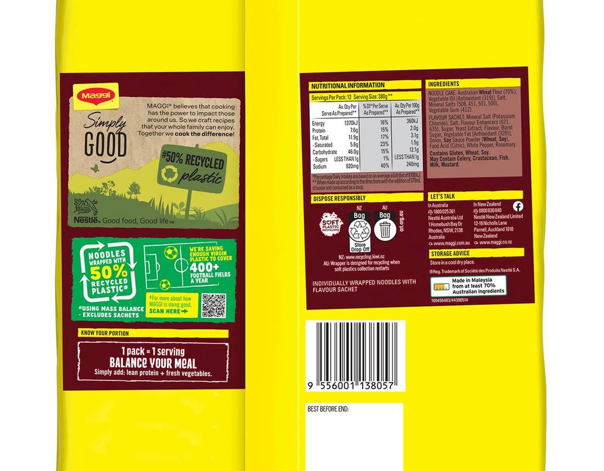 Pack photograph of Maggi 2 Minute Beef Flavour Instant Noodles 888g 12 pack showing the printed nutrition panel