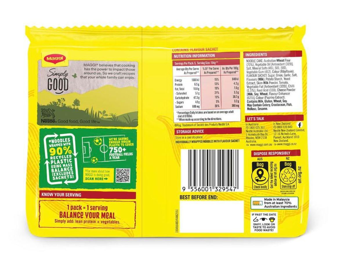 Pack photograph of Maggi 2 Minute Noodles Sweet Chilli & Sour Cream 345g 5 pack showing the printed nutrition panel