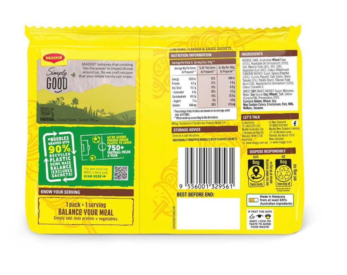 Pack photograph of Maggi 2 Minute Noodles Sweet & Smokey Barbecue 360g 5 pack showing the printed nutrition panel
