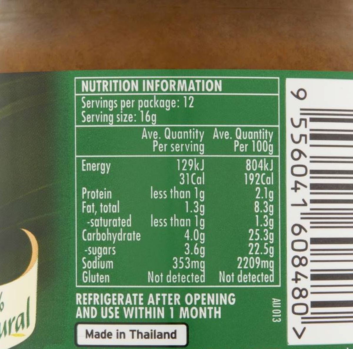 Pack photograph of Ayam Paste Thai Green Curry 195g showing the printed nutrition panel