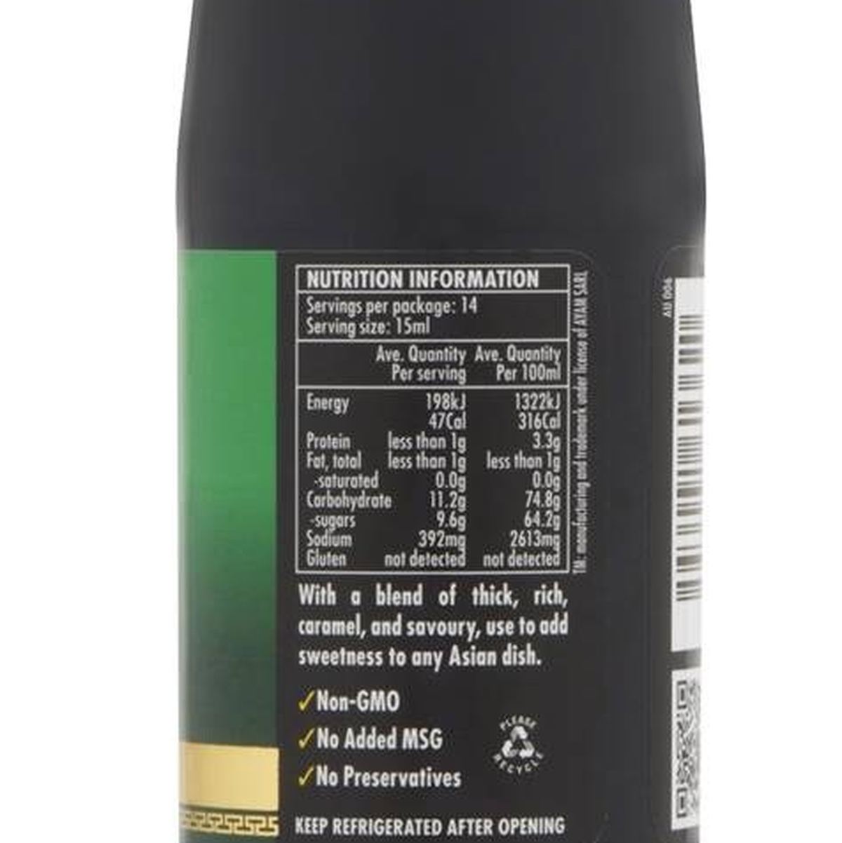 Pack photograph of Ayam Kecap Manis Sweet Soy Sauce 210mL showing the printed nutrition panel