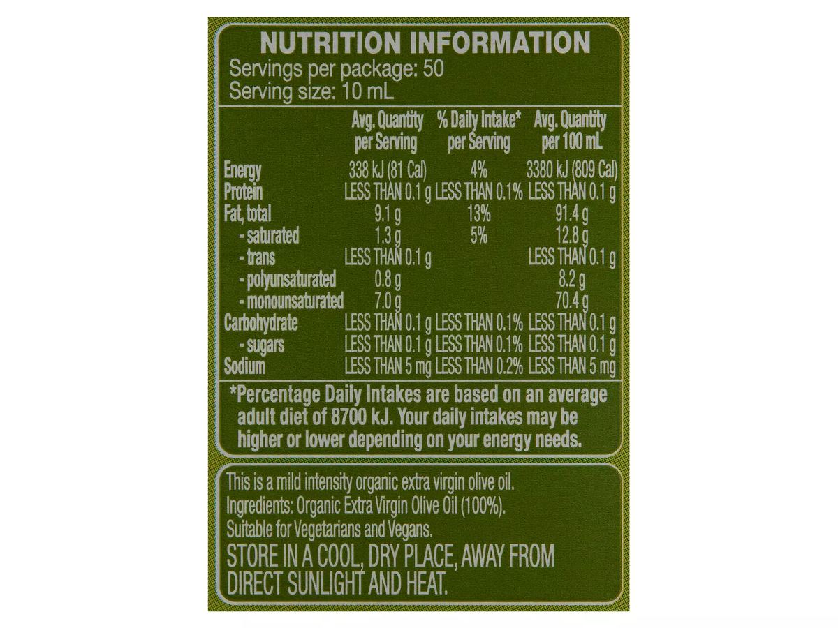 Pack photograph of OH SO NATURAL ORGANIC Organic Extra Virgin Olive Oil 500ml showing the printed nutrition panel
