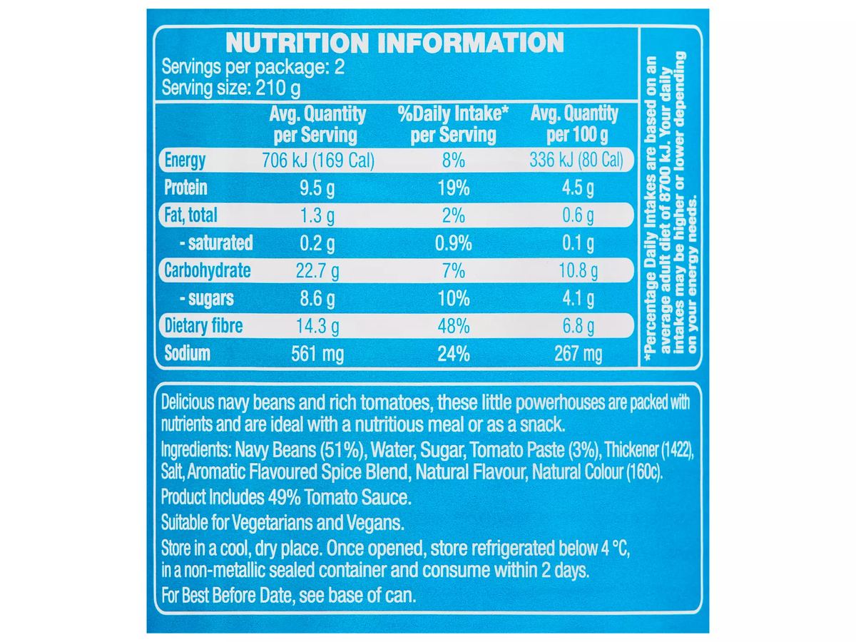 Pack photograph of CORALE Baked Beans in Tomato Sauce 420g showing the printed nutrition panel