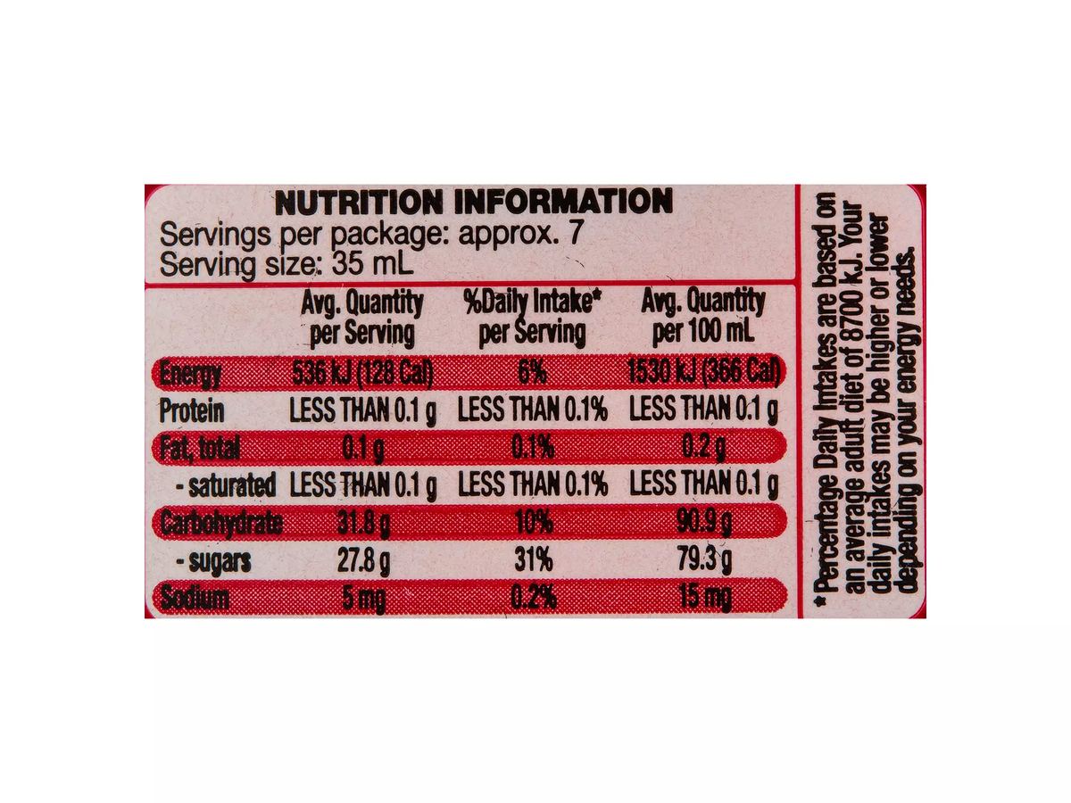Pack photograph of BROOKDALE Pure Maple Syrup 250ml showing the printed nutrition panel