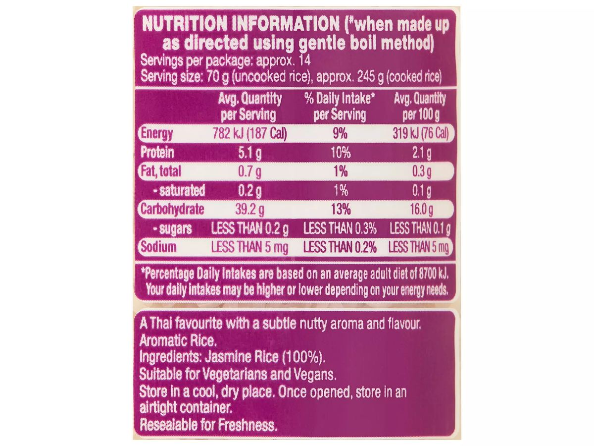 Pack photograph of IMPERIAL GRAIN Jasmine Rice 1kg showing the printed nutrition panel