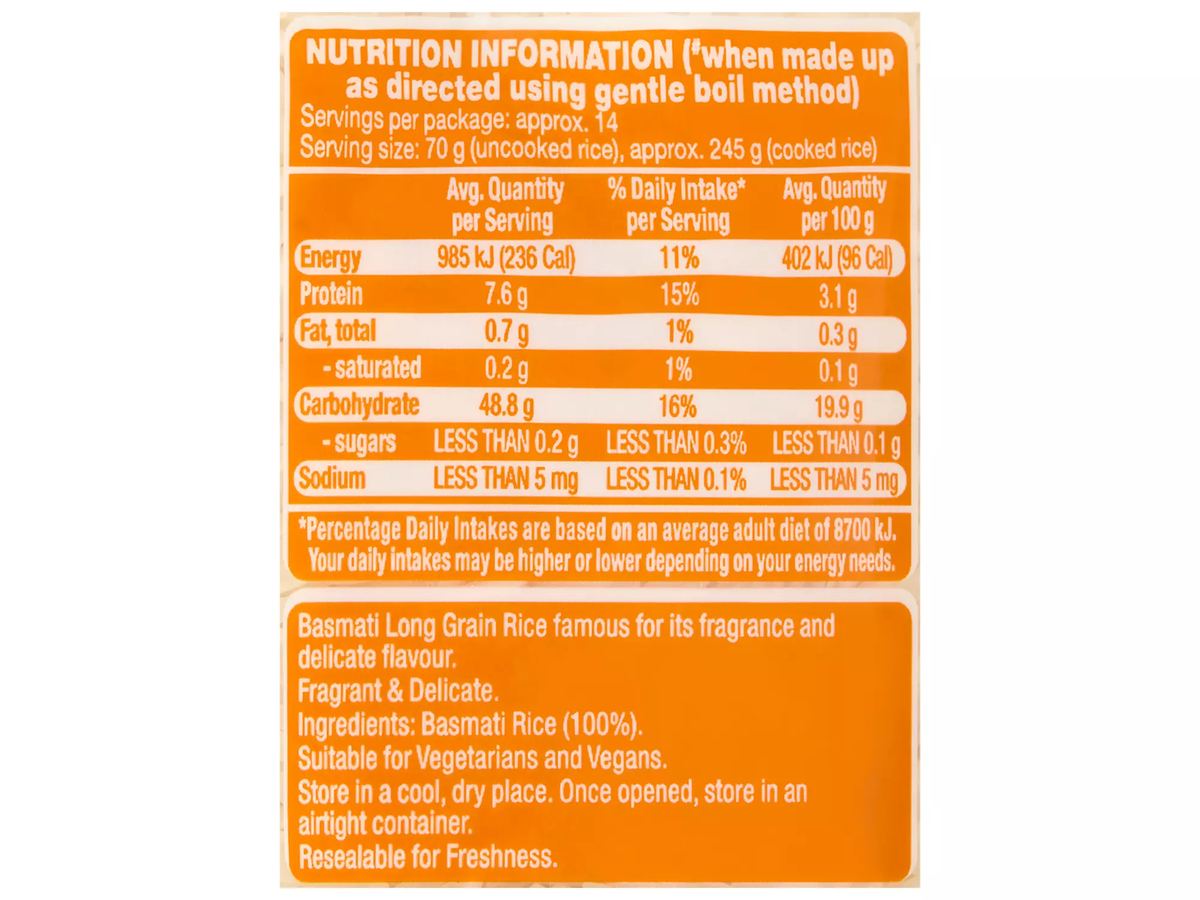 Pack photograph of IMPERIAL GRAIN Basmati Rice 1kg showing the printed nutrition panel