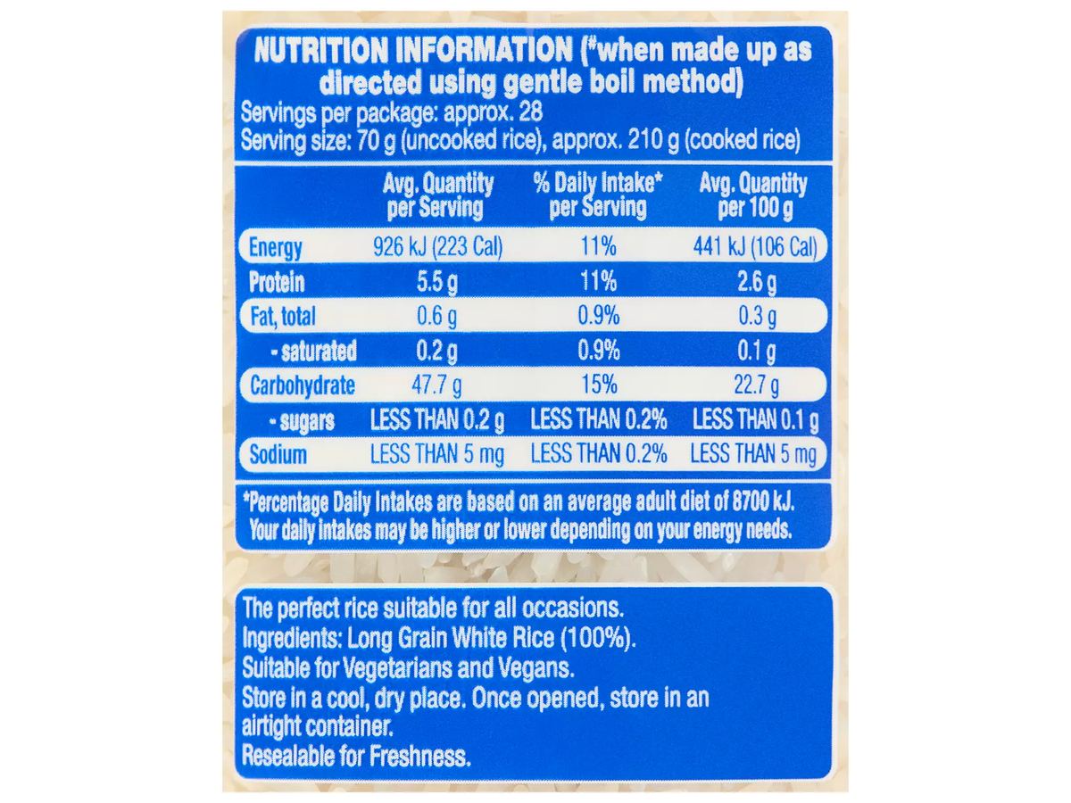 Pack photograph of IMPERIAL GRAIN Long Grain Rice 2kg showing the printed nutrition panel