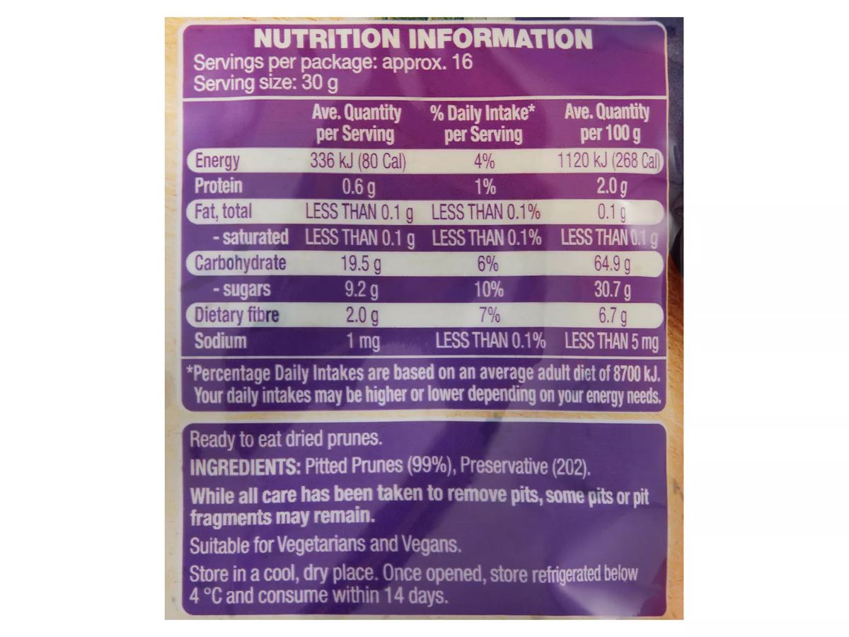 Pack photograph of SWEET VINE Pitted Prunes 500g showing the printed nutrition panel