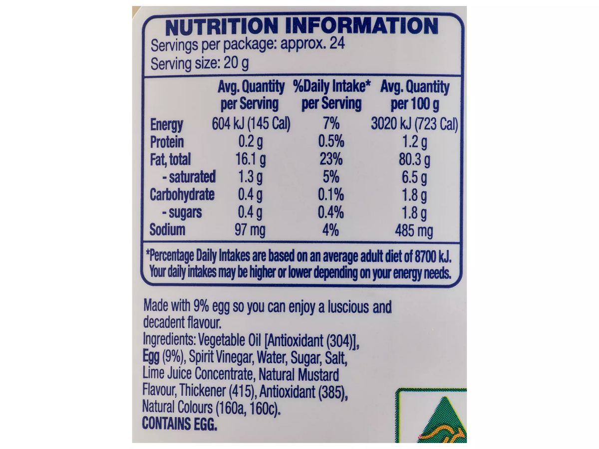 Pack photograph of COLWAY Authentic Mayonnaise Squeeze 475g showing the printed nutrition panel