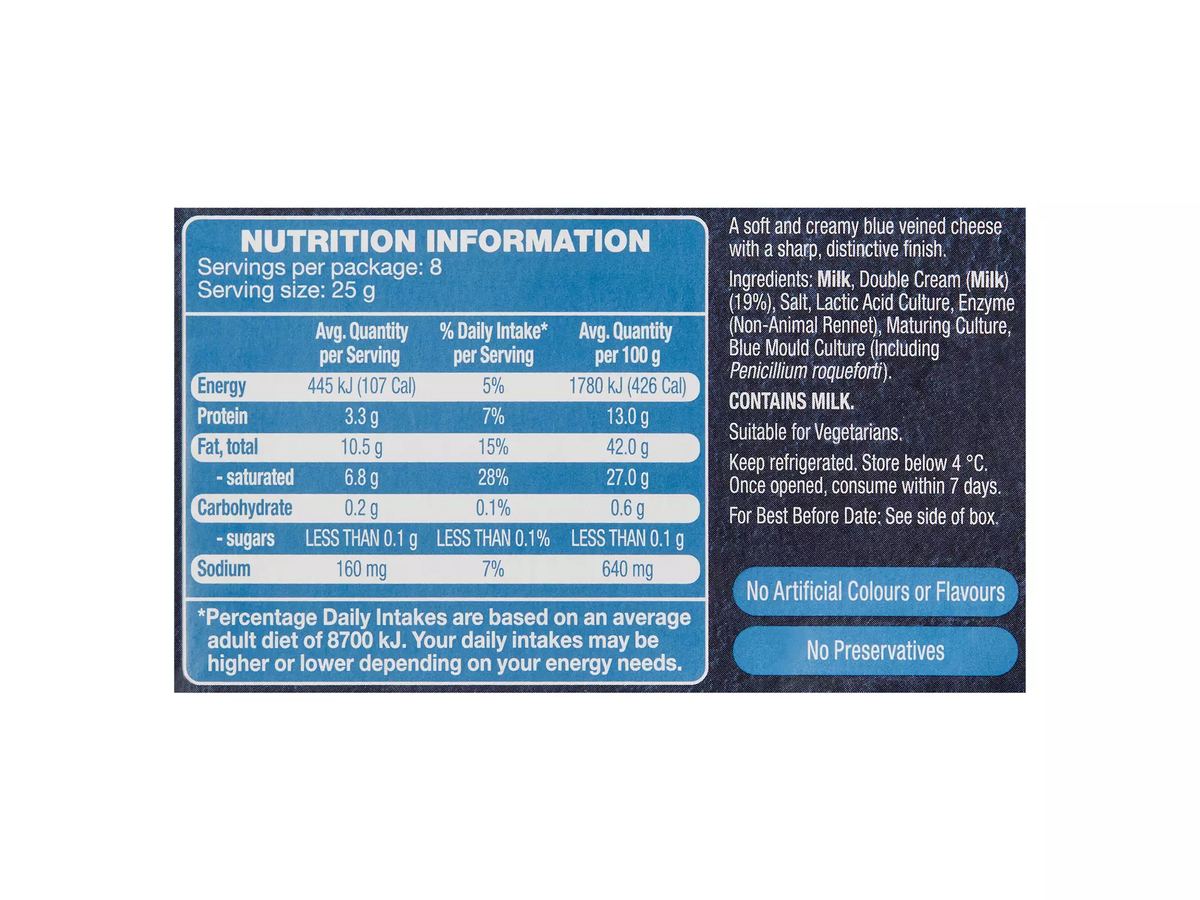 Pack photograph of EMPORIUM SELECTION Smooth Blue Vein Cheese 200g showing the printed nutrition panel
