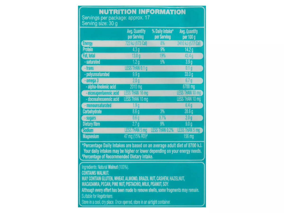 Pack photograph of FORRESTERS Natural Walnuts 500g showing the printed nutrition panel