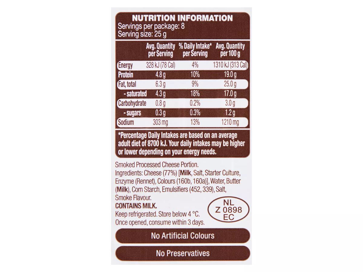 Pack photograph of EMPORIUM SELECTION Smoked Cheese 200g showing the printed nutrition panel
