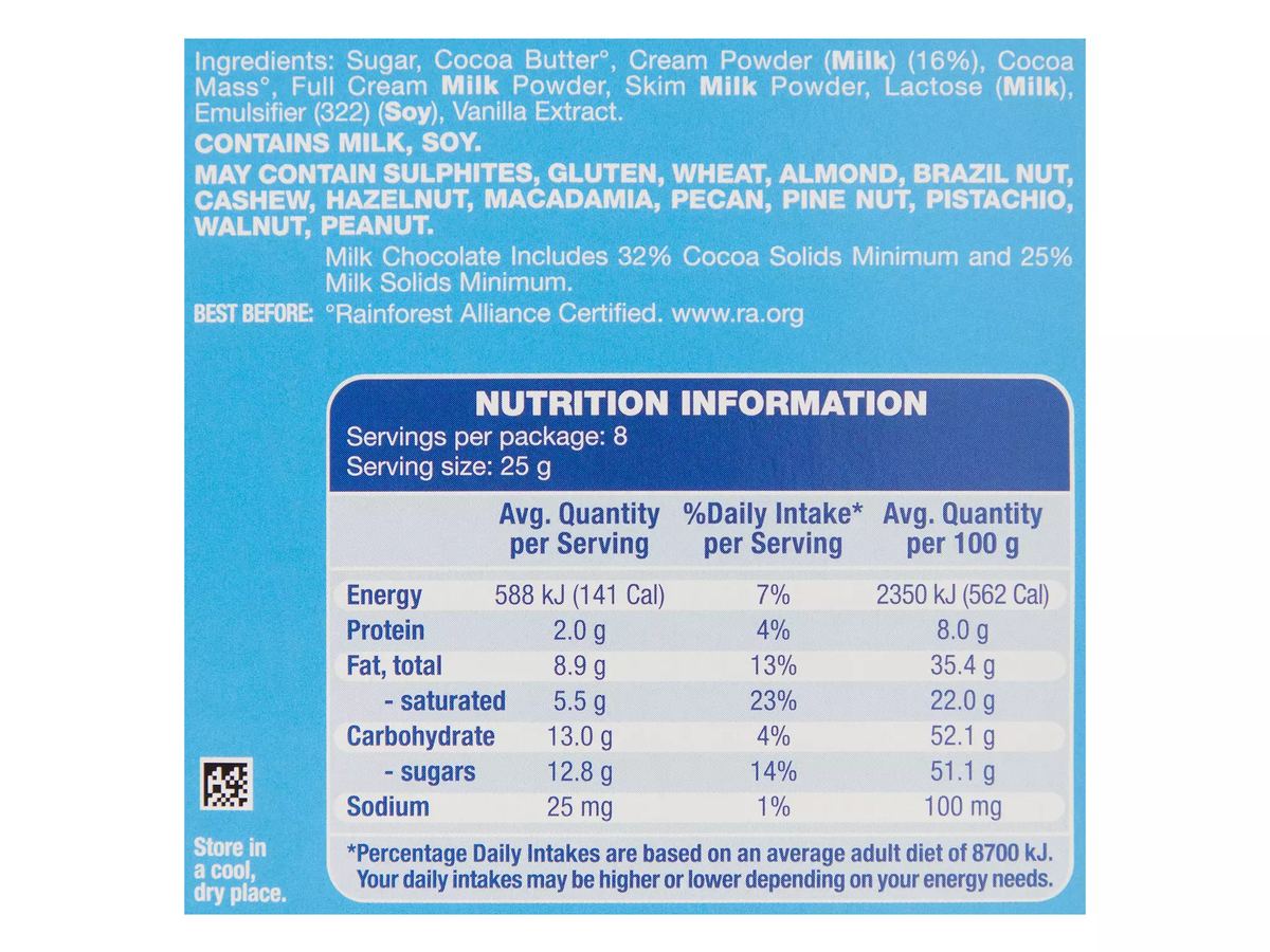 Pack photograph of CHOCEUR Milk Chocolate Block 200g showing the printed nutrition panel
