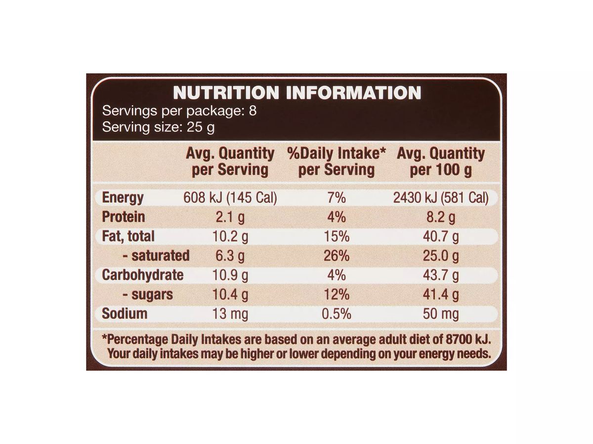 Pack photograph of CHOCEUR Dark Chocolate Block 200g showing the printed nutrition panel