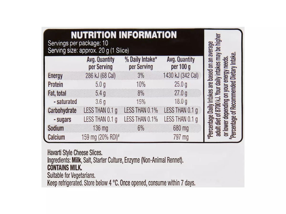 Pack photograph of EMPORIUM SELECTION Havarti Slices 200g showing the printed nutrition panel
