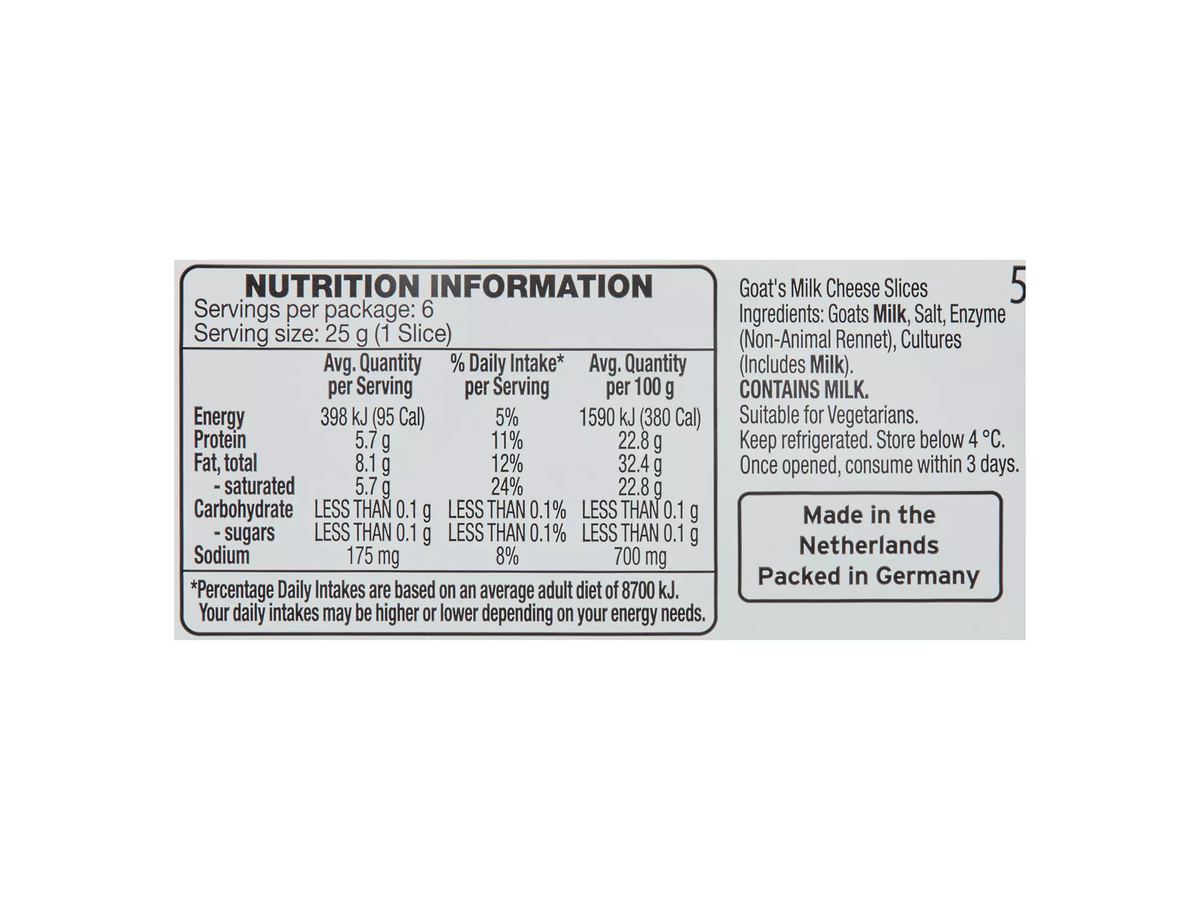Pack photograph of EMPORIUM SELECTION Goats Milk Cheese Slices 150g showing the printed nutrition panel