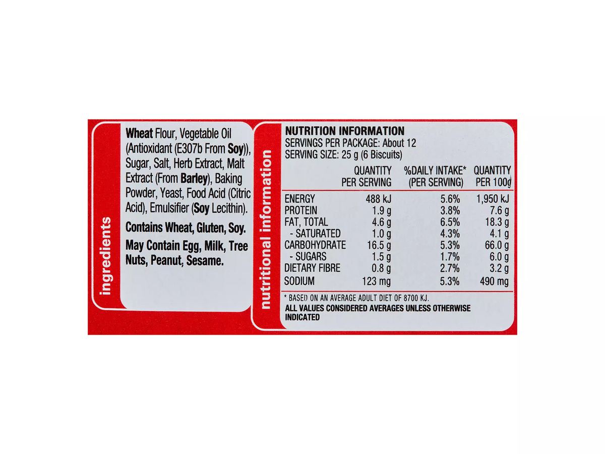 Pack photograph of ARNOTT'S Jatz Original Crackers Value Pack 310g showing the printed nutrition panel