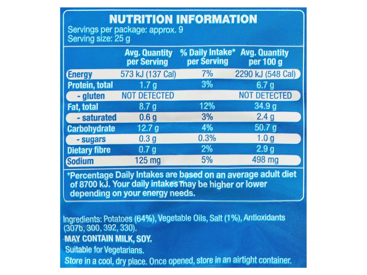 Pack photograph of SPRINTERS Thin Cut Chips Original 230g showing the printed nutrition panel