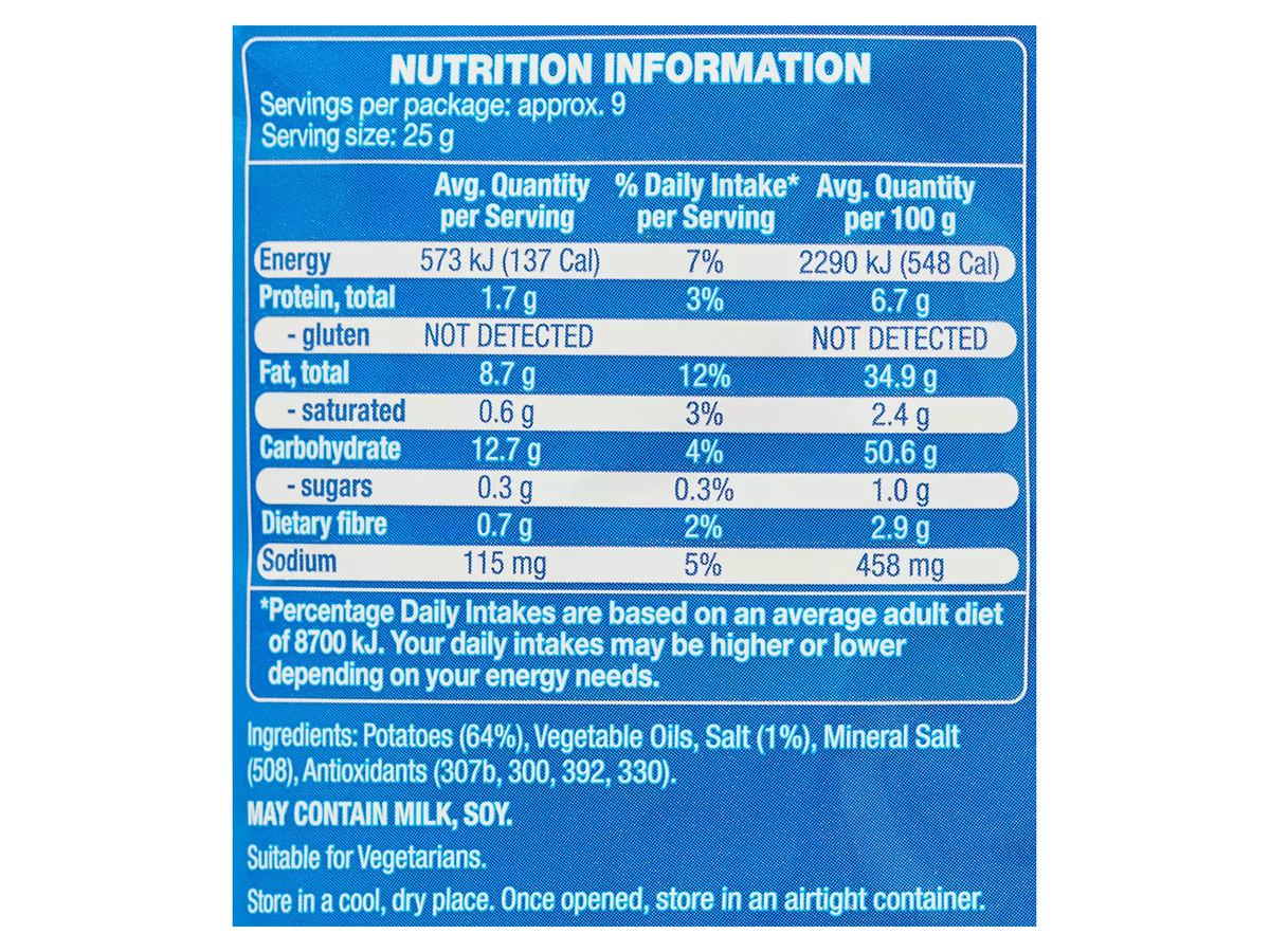 Pack photograph of SPRINTERS Crinkle Cut Original Potato Chips 230g showing the printed nutrition panel
