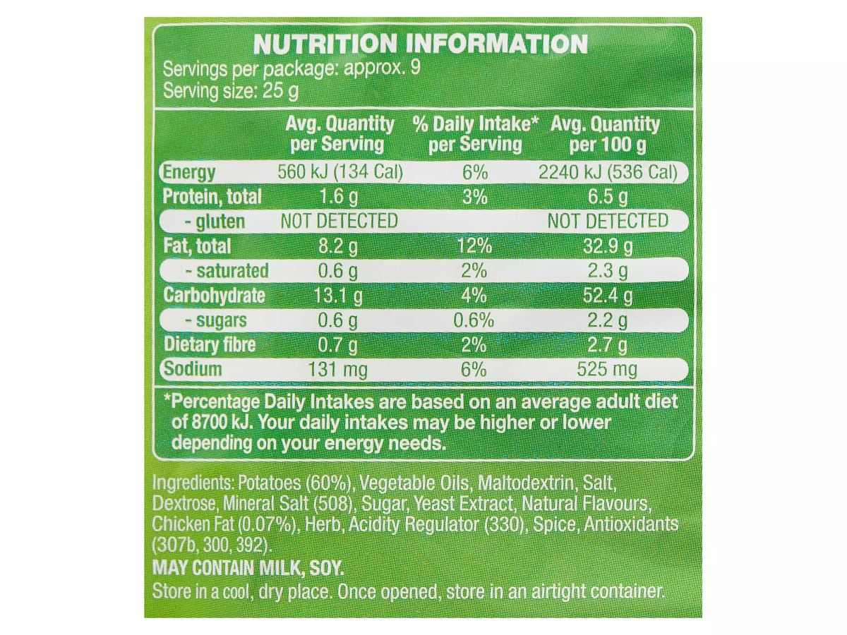 Pack photograph of SPRINTERS Crinkle Cut Potato Chips Chicken 230g showing the printed nutrition panel
