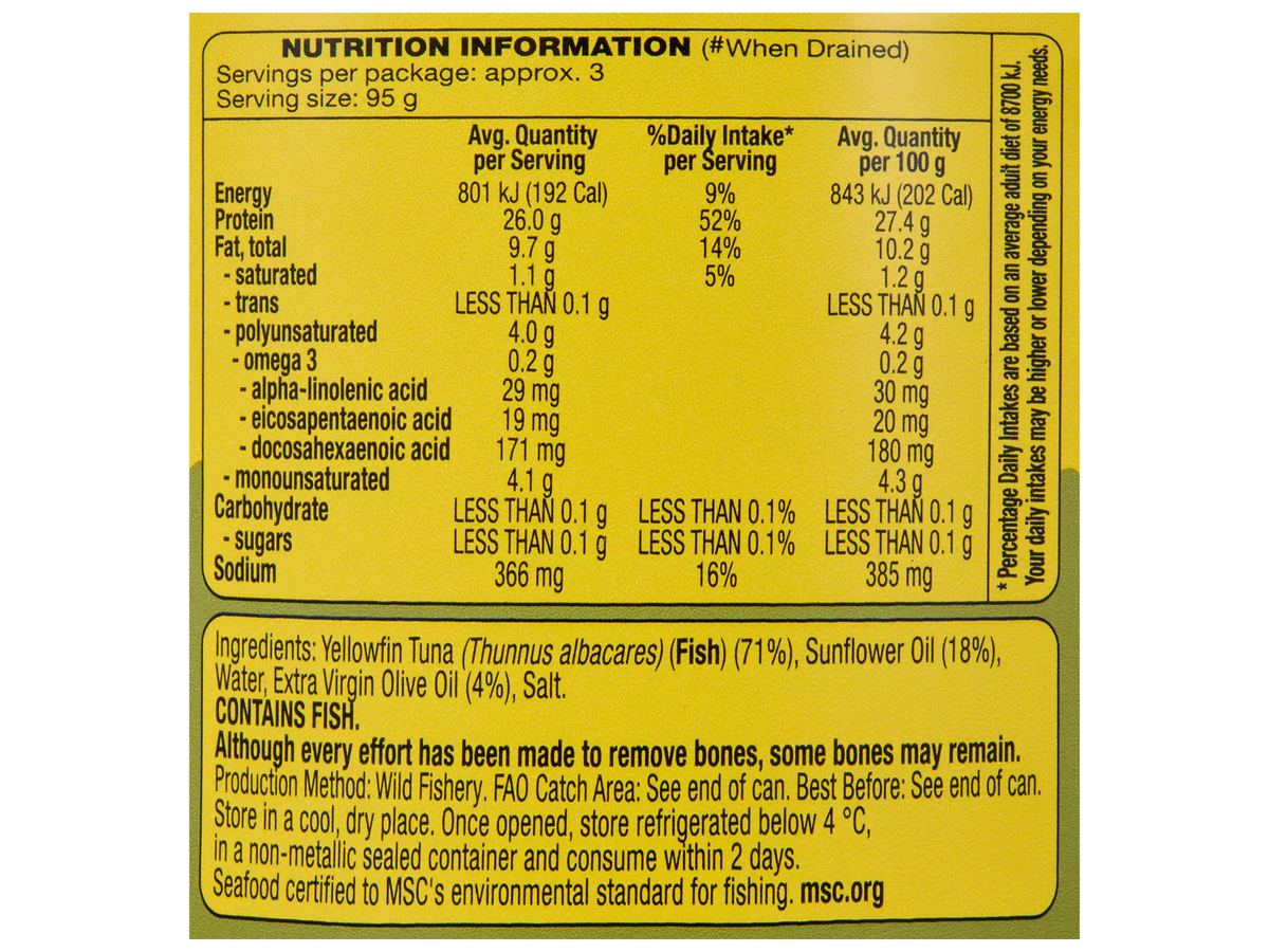 Pack photograph of OCEAN RISE Yellowfin Tuna Italian Style in Oil 425g showing the printed nutrition panel