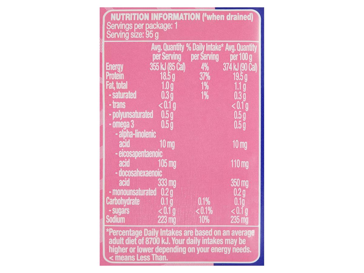 Pack photograph of OCEAN RISE Skinless And Boneless Pink Salmon 130g showing the printed nutrition panel