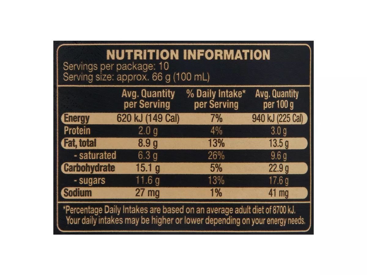 Pack photograph of INDULGE Vanilla Bean Gourmet Ice Cream 1L showing the printed nutrition panel