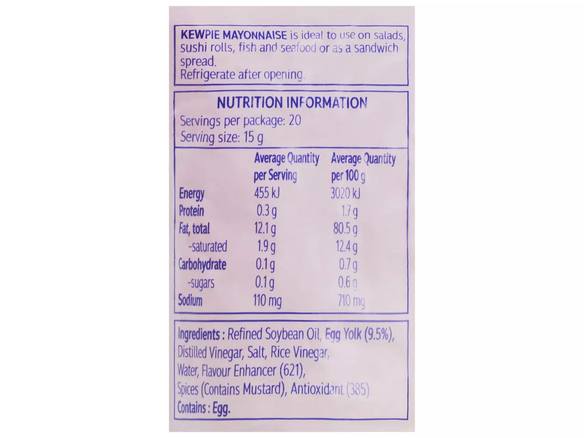 Pack photograph of KEWPIE Original Mayonnaise 300g showing the printed nutrition panel