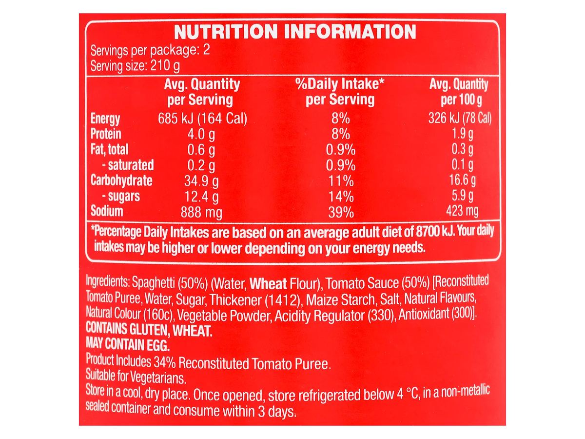 Pack photograph of CORALE Spaghetti in Tomato Sauce 420g showing the printed nutrition panel