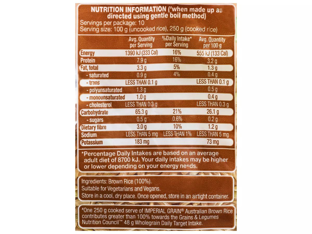 Pack photograph of IMPERIAL GRAIN Brown Rice 1kg showing the printed nutrition panel