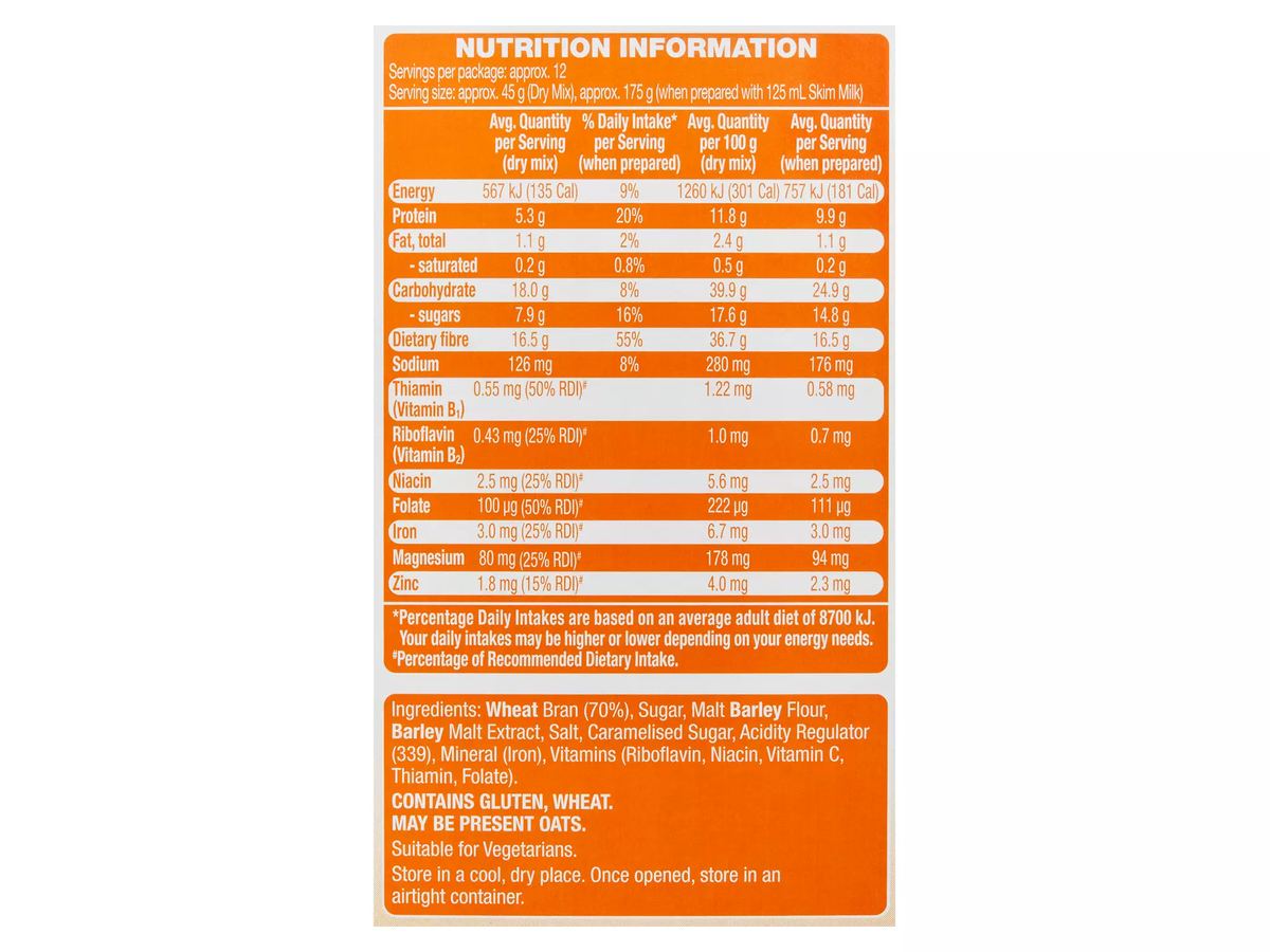Pack photograph of GOLDENVALE Just Bran 530g showing the printed nutrition panel