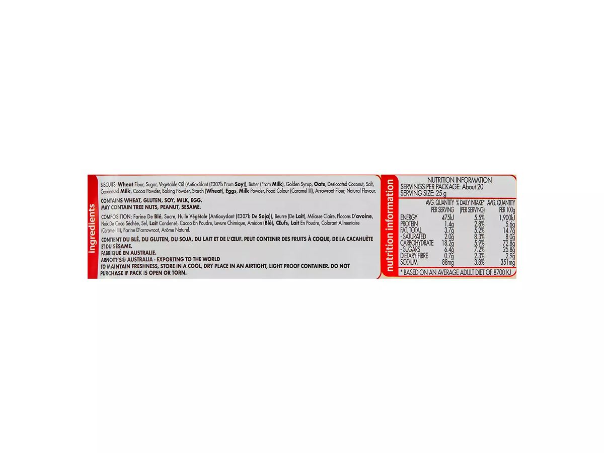Pack photograph of ARNOTT'S Family Favourites Assorted Biscuits 500g showing the printed nutrition panel