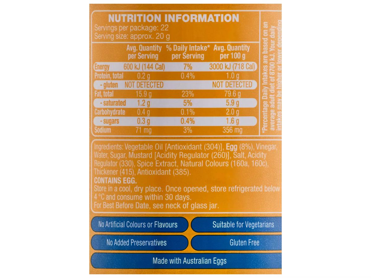 Pack photograph of COLWAY Real Mayonnaise 455g showing the printed nutrition panel