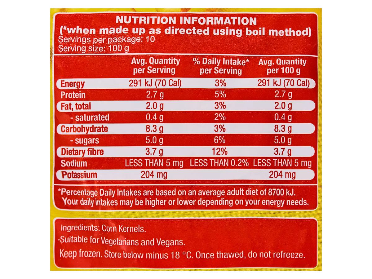 Pack photograph of MARKET FARE Corn Kernels 1kg showing the printed nutrition panel