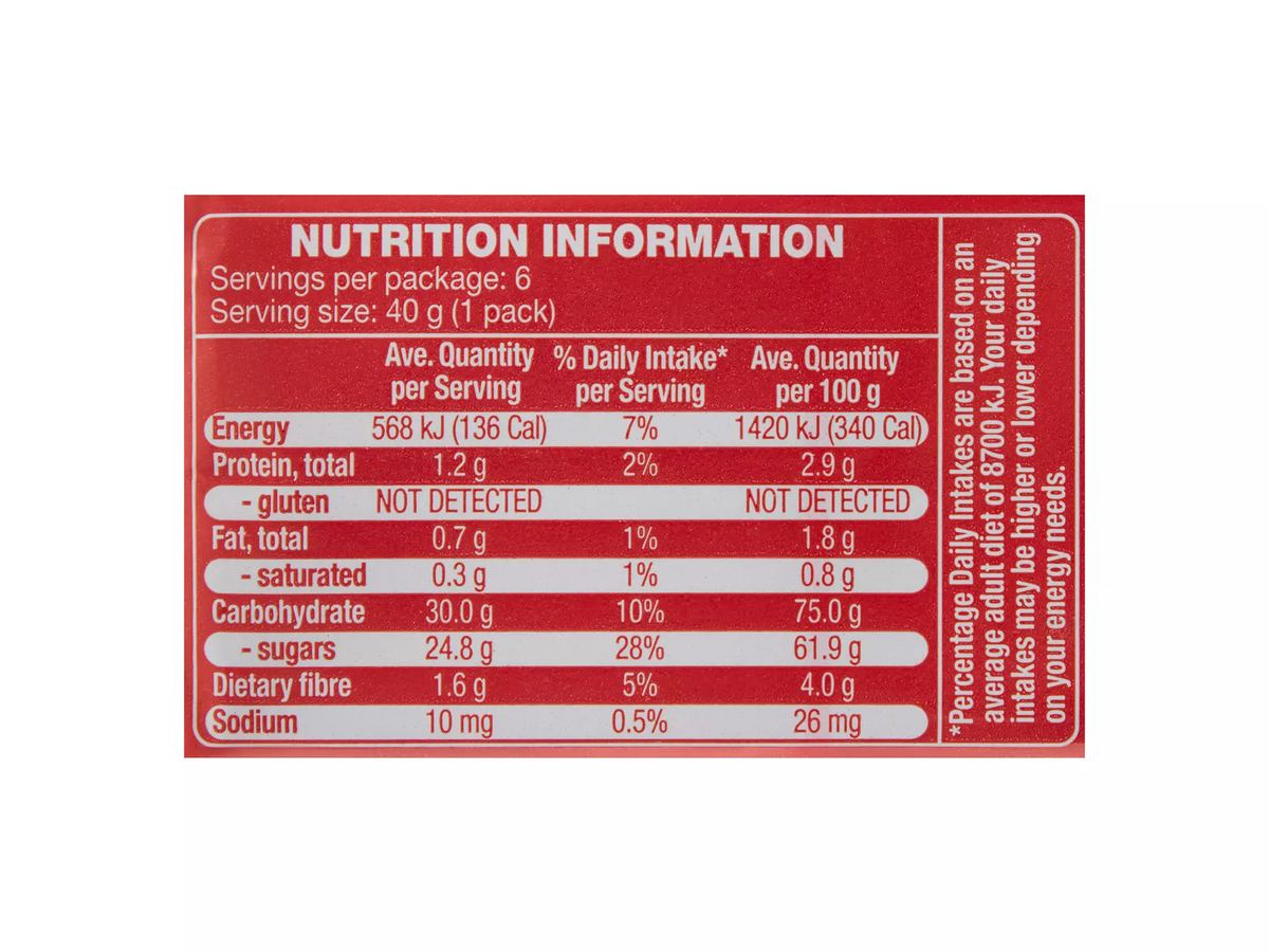Pack photograph of SWEET VINE Australian Sultanas 6 Snack Pack showing the printed nutrition panel