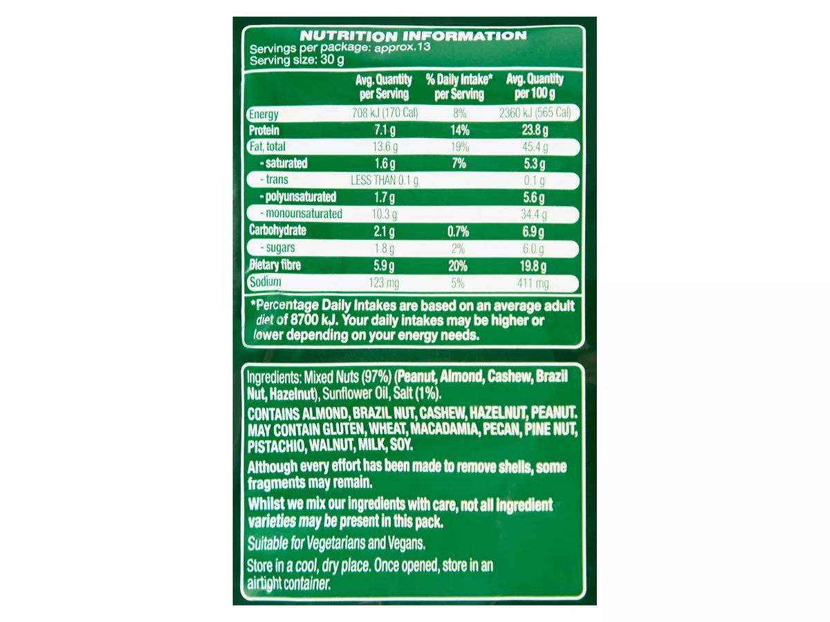 Pack photograph of FORRESTERS Salted Mixed Nuts 375g showing the printed nutrition panel