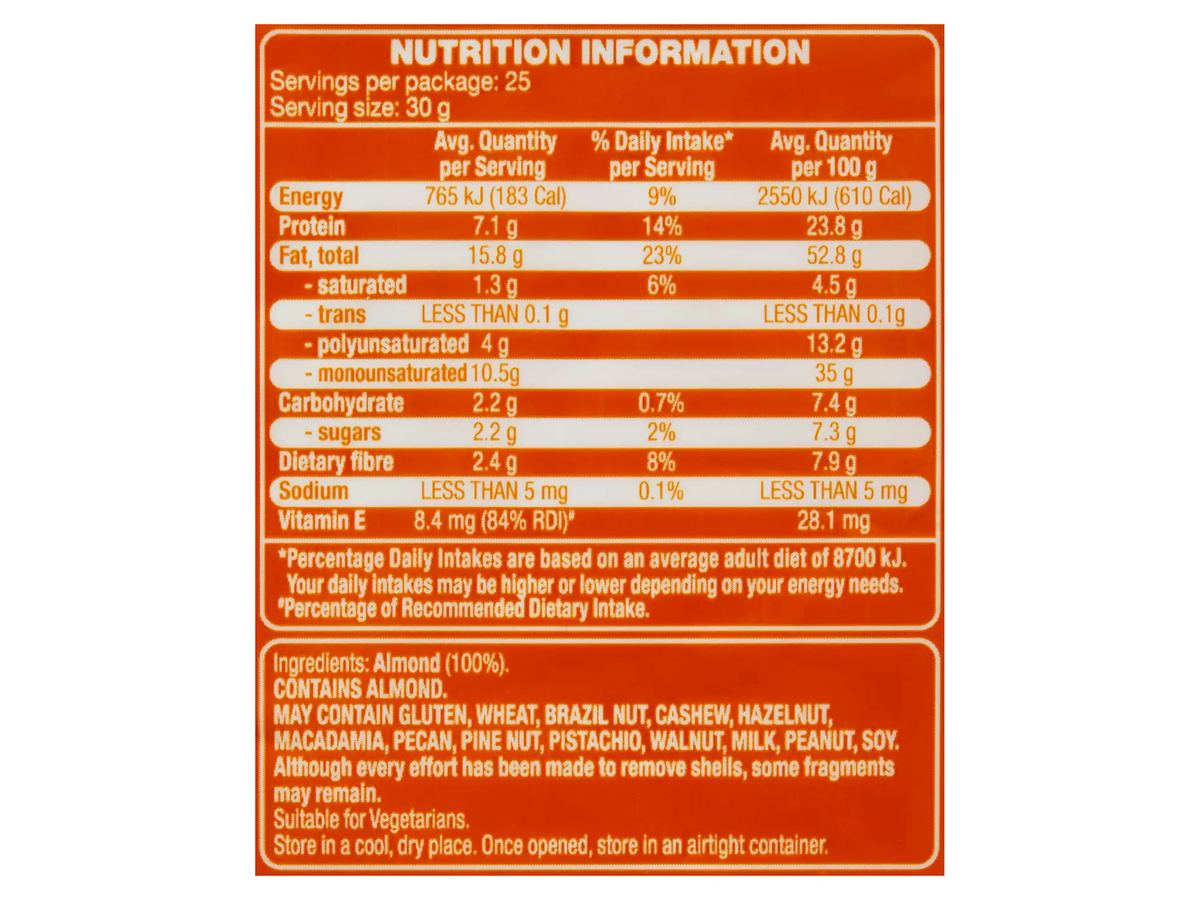 Pack photograph of FORRESTERS Natural Almonds 750g showing the printed nutrition panel