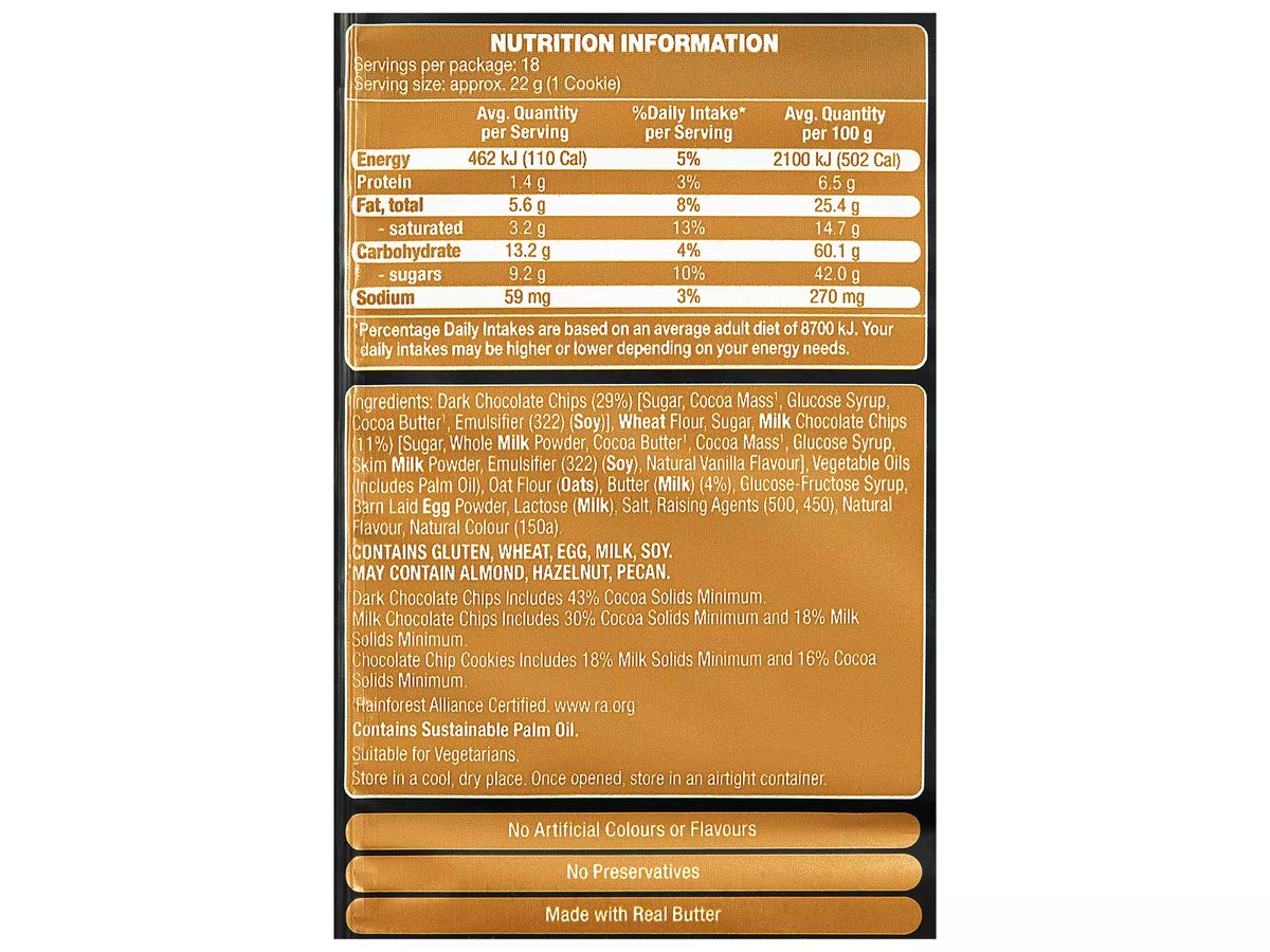 Pack photograph of BELMONT BISCUIT CO. Signature 40% Chocolate Chip Cookies 400g showing the printed nutrition panel
