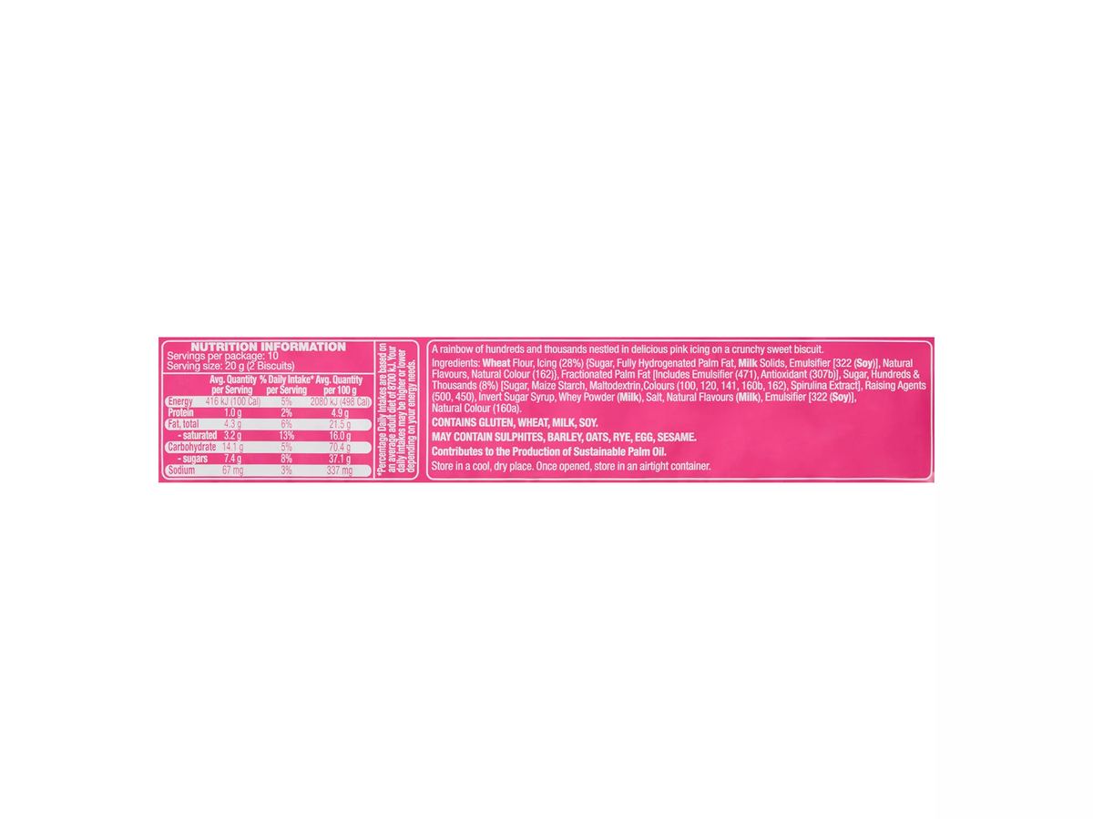 Pack photograph of BELMONT BISCUIT CO. Hundreds & Thousands Biscuits 200g showing the printed nutrition panel