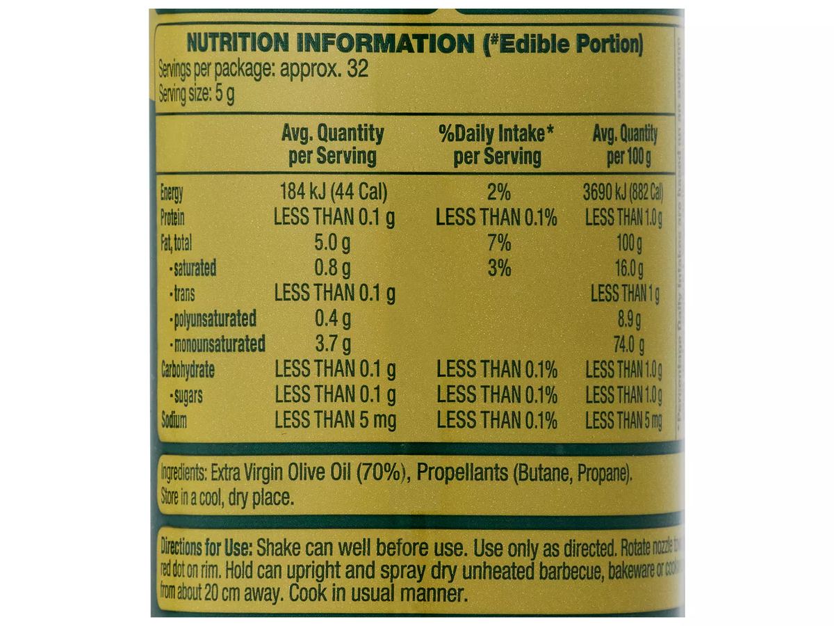 Pack photograph of THE OLIVE TREE Extra Virgin Olive Oil Spray 225g showing the printed nutrition panel