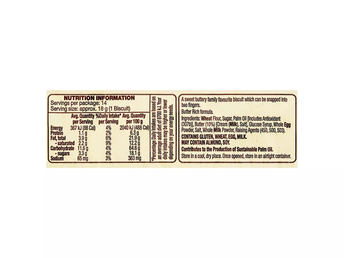 Pack photograph of BELMONT BISCUIT CO. Scotch Finger Biscuits 250g showing the printed nutrition panel