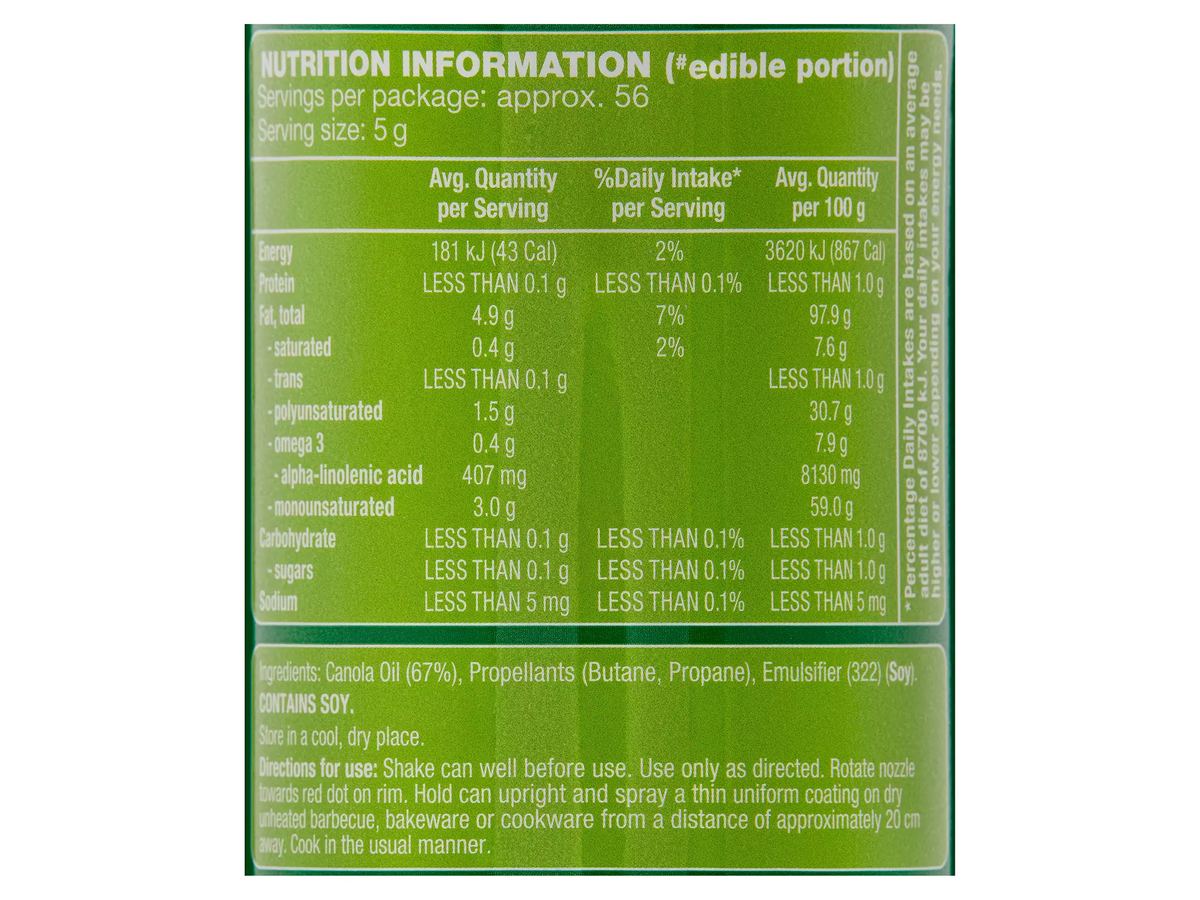 Pack photograph of PURE VITA Canola Oil Cooking Spray 400g showing the printed nutrition panel