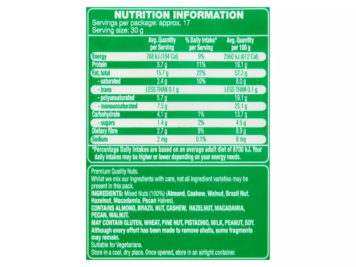 Pack photograph of FORRESTERS Natural Mixed Nuts 500g showing the printed nutrition panel