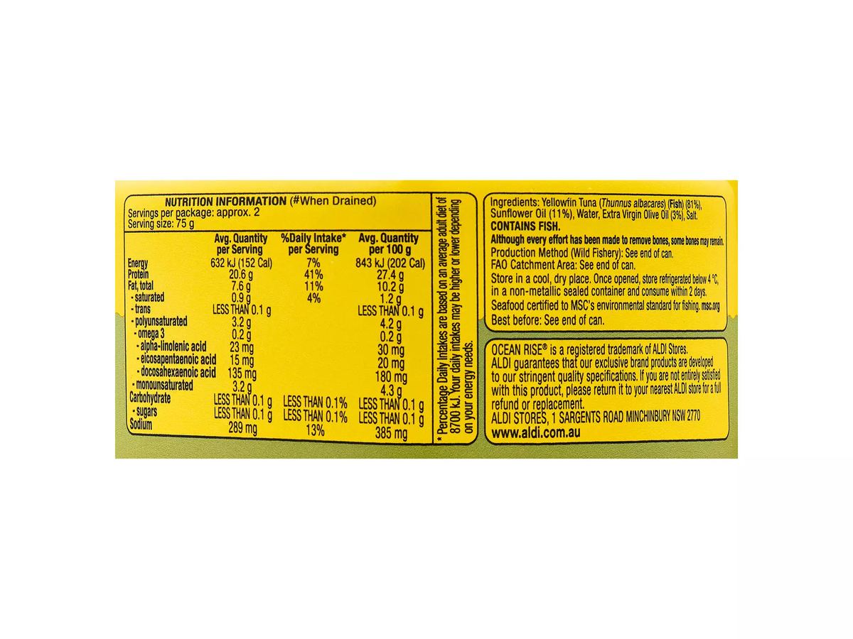 Pack photograph of OCEAN RISE Yellowfin Tuna Italian Style in Oil 185g showing the printed nutrition panel