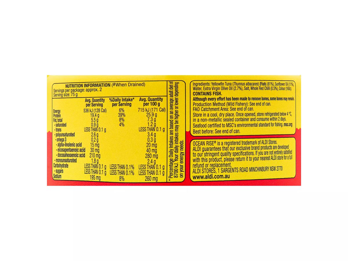 Pack photograph of OCEAN RISE Yellowfin Tuna in Oil with Chilli 185g showing the printed nutrition panel