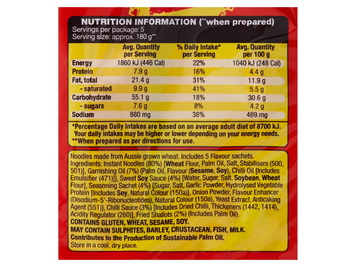 Pack photograph of SIMPLEE Mi Goreng Noodles 5 Pack 425g showing the printed nutrition panel