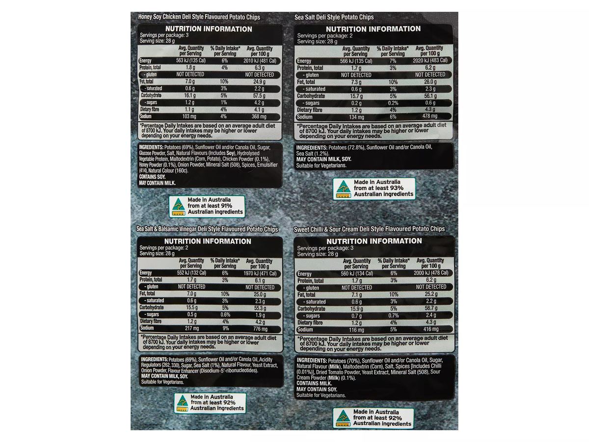 Pack photograph of BLACKSTONE GOURMET SNACK CO. Deli Style Flavoured Potato Chips 10 Pack 280g showing the printed nutrition panel