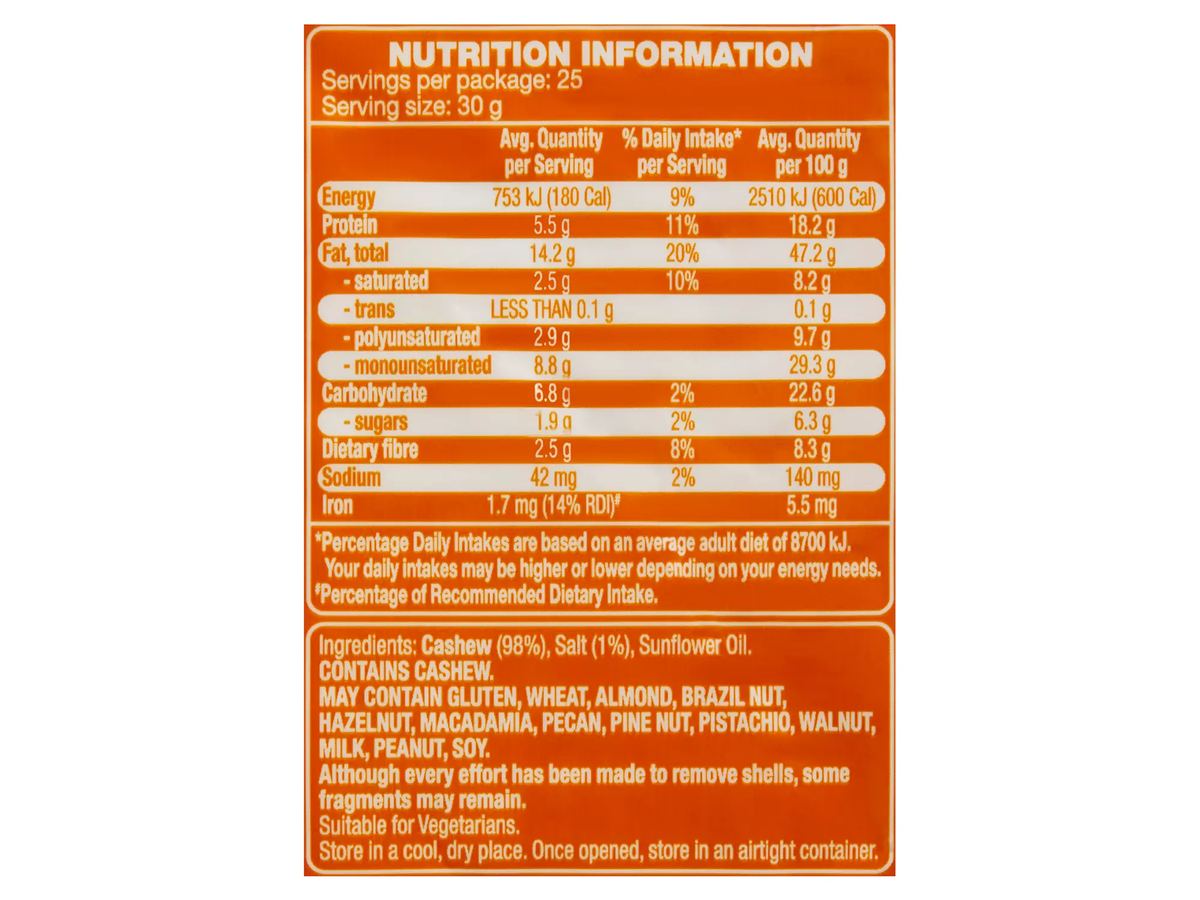 Pack photograph of FORRESTERS Roasted & Salted Cashews 750g showing the printed nutrition panel