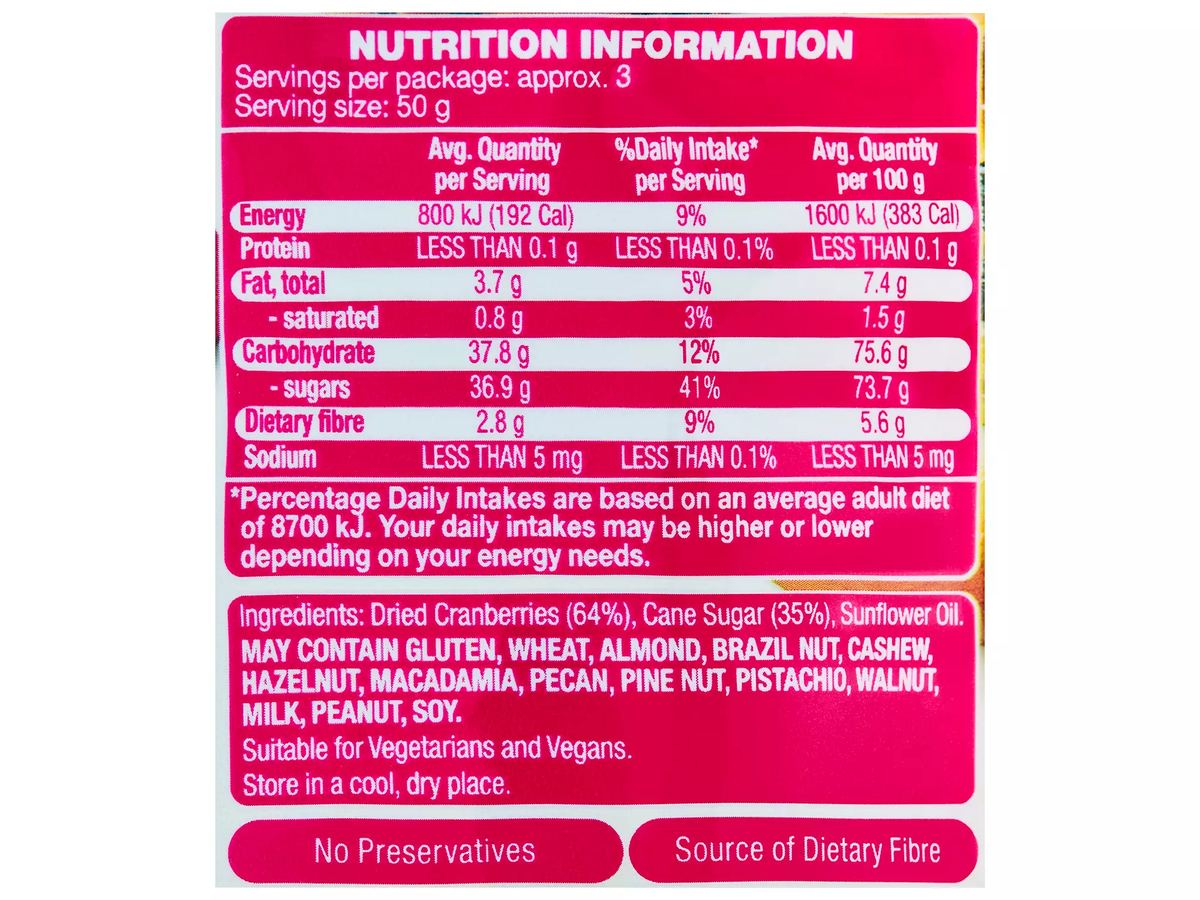 Pack photograph of SWEET VINE Dried Cranberries 170g showing the printed nutrition panel