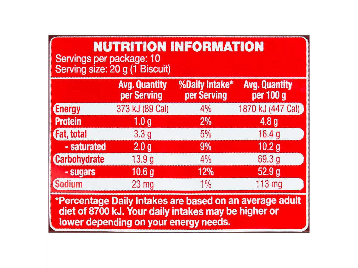 Pack photograph of BELMONT BISCUIT CO. Chocolate Clouds Biscuits 200g showing the printed nutrition panel